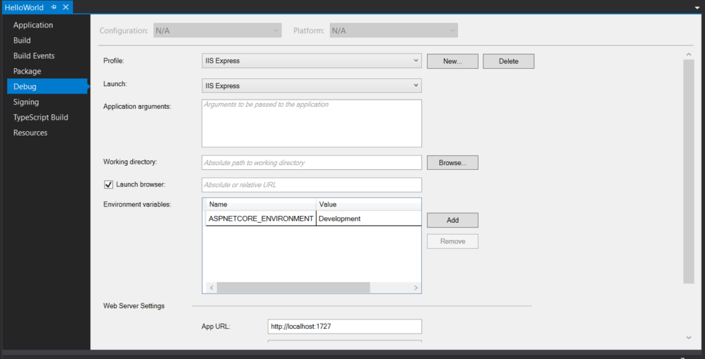 asp.net core debug setting 
