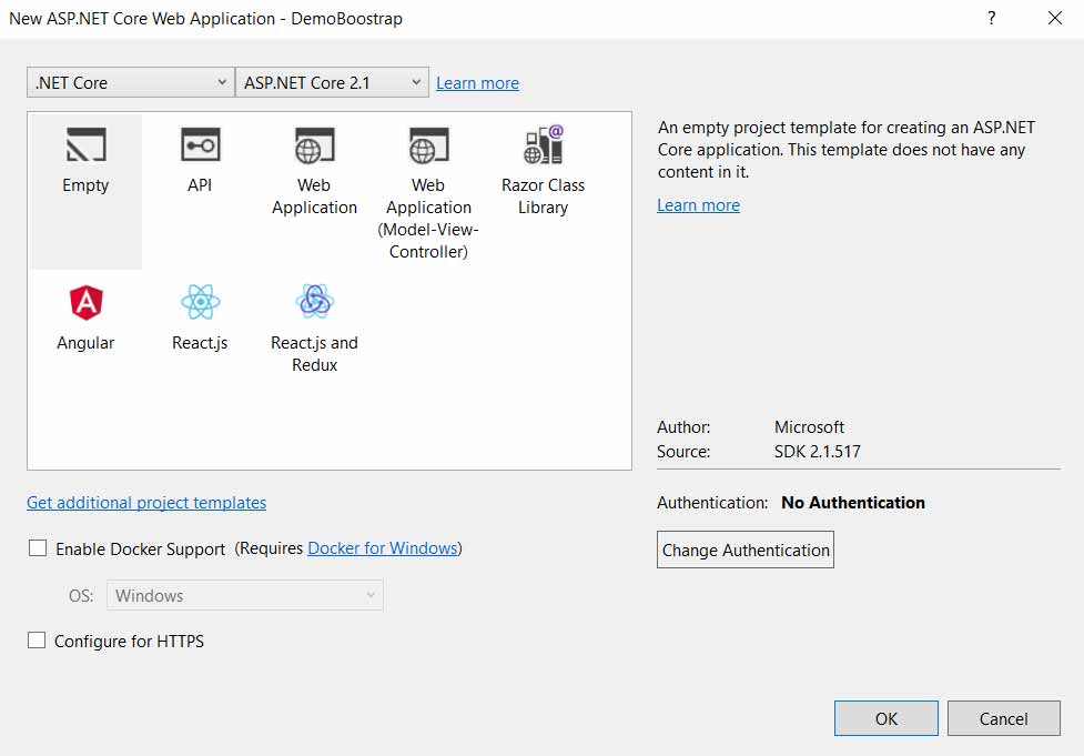 asp.net core project selection dialog box