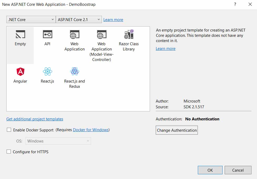 asp.net core project selection dialog box 